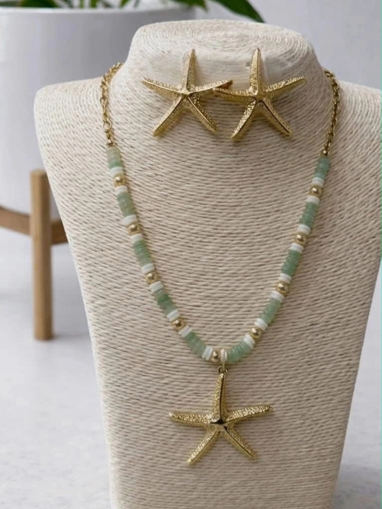 Gold plated Jewelry - NWT Gold Starfish Pendant Necklace with Green Beaded Chain - Women Jewelry